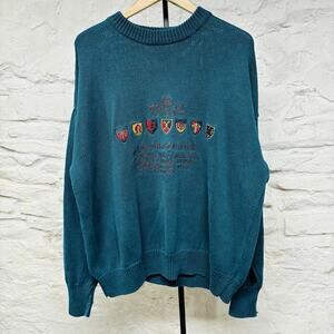 Structure Ramie Cotton Crewneck Sweater Embroidered Logo Turquoise Vintage 90's